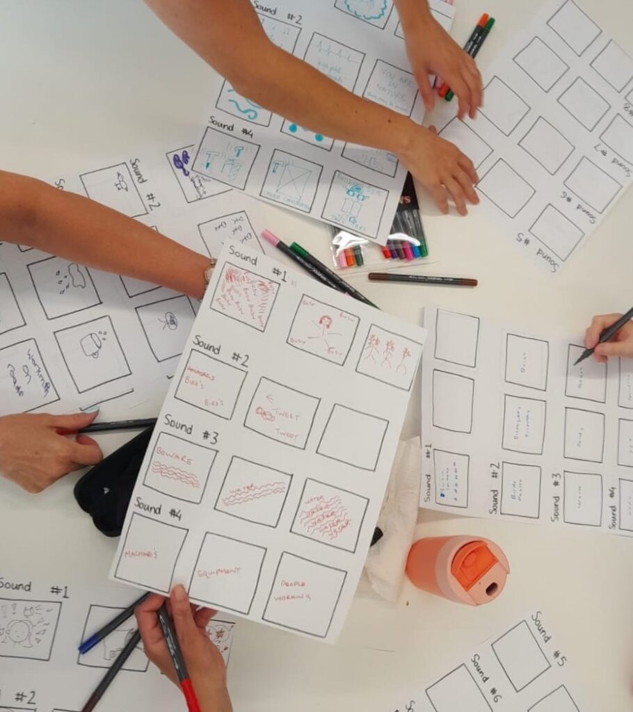 A group of people sit around a table completing a sensory‑mapping activity. Each person has a worksheet divided into grids labelled “Sound #1” to “Sound #5,” with small sketches and handwritten words inside the boxes describing different sounds such as “Humans,” “Birds,” “Baby crying,” “Blast,” and “Machines.” Coloured pens, markers, and an orange water bottle are scattered on the table.