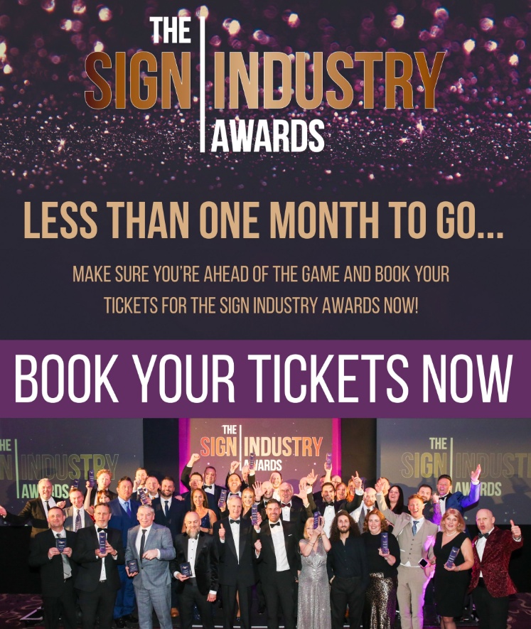 Promotional image for The Sign Industry Awards 2026, with a call to action to book ticket now.