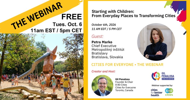 A webinar graphic showing a playground scene alongside event details for “Starting with Children,” featuring Petra Marko and Gil Penalosa.