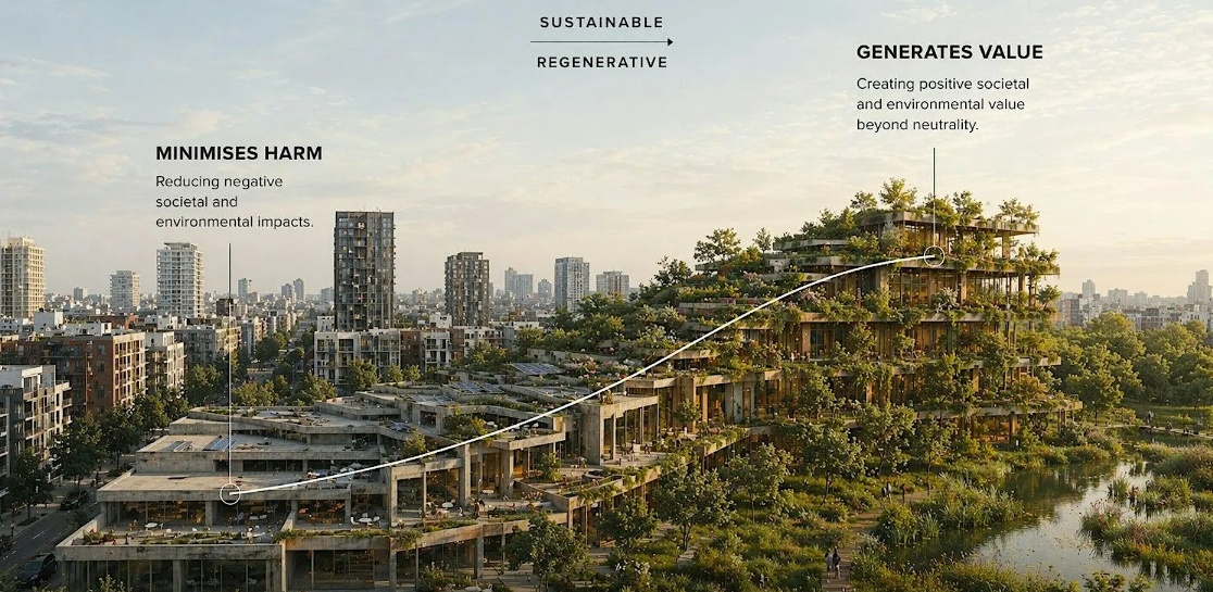 Image of an urban environment using sustainable solutions to mitigate against climate change.
