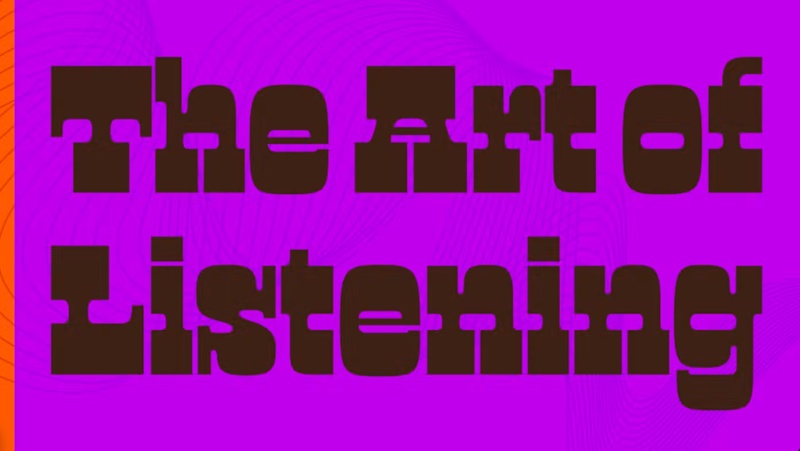 Bold black text reading “The Art of Listening” on a bright magenta background with an orange vertical stripe on the left.
