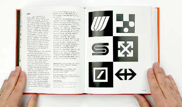 View of two pages within The Graphic Design Bible, the book kept open by two hands