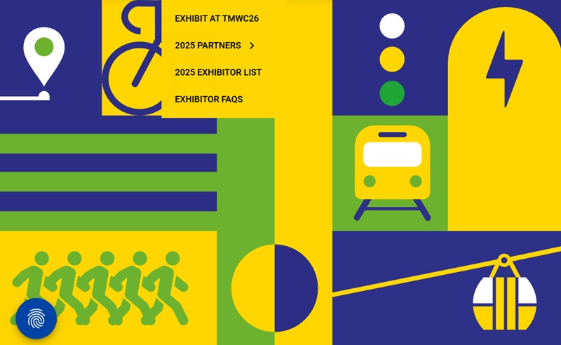 Tomorrow Mobility: World Congress 2026 image showing a range of transport related pictograms in blue, green and yellow