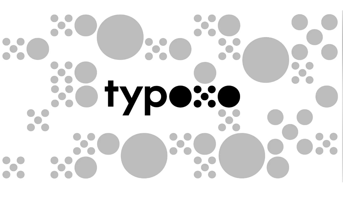 Black lowercase word ‘typo’ where the letter ‘o’ is replaced by a circular cluster of six black dots. Around the word are multiple grey circles and six‑dot clusters of varying sizes, arranged in a loose, abstract pattern.