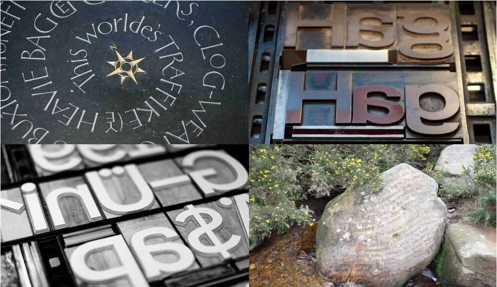 Image showing examples of Pip's letter carving work and Eric's printing press collection