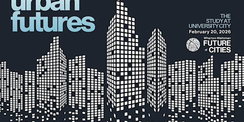 Promotional image for the 'Future of Cities' upcoming conference in February '26, showing simplified outlines of high-rise buildings against a black background.
