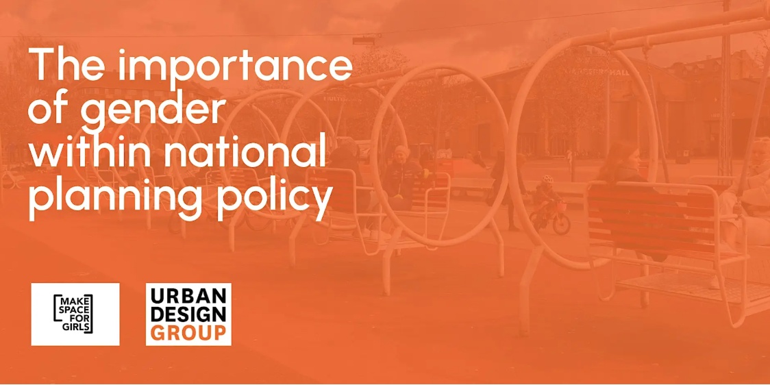 Orange overlay hero image for 'The Importance of Gender Within National Planning Policy' with an outdoor playground behind the overlay