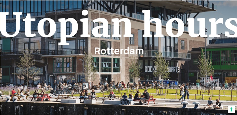 Promotional image for Utopian Hours 2026, due to take place in Rotterdam in late May of this year.

Photo showing people sitting and standing around outside a modern building near water (a canal?) on a summer's day. 