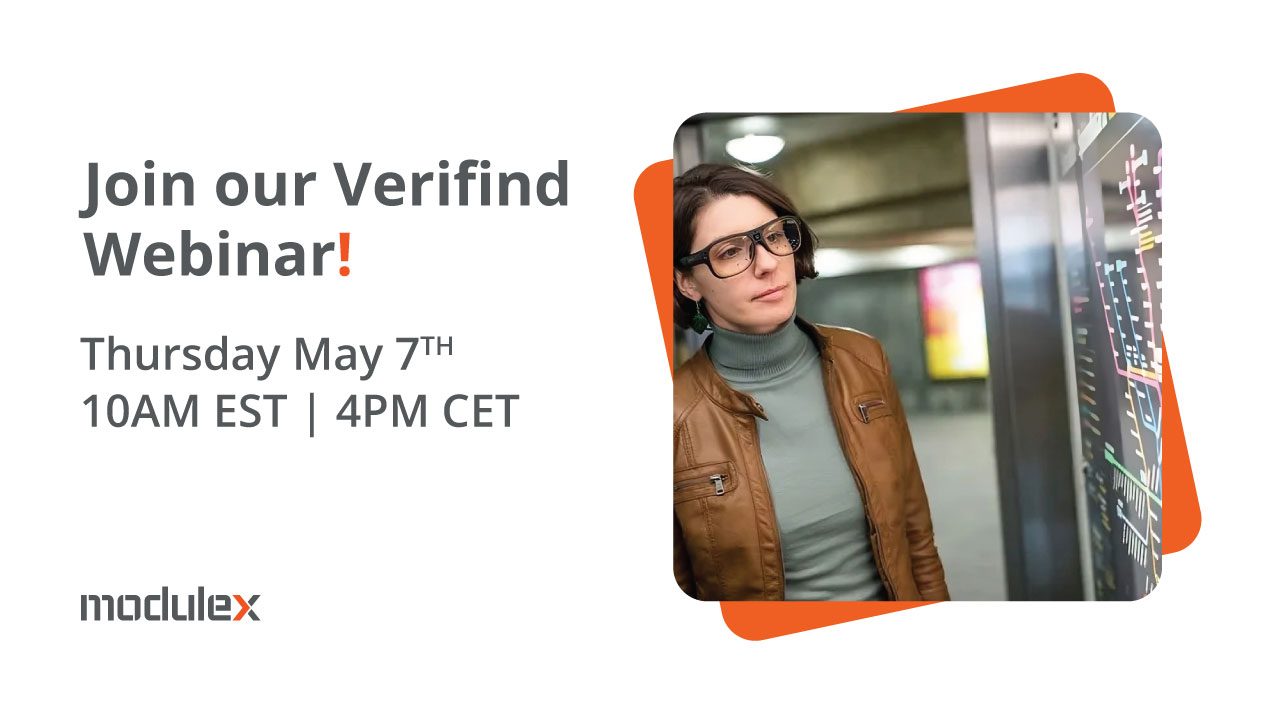 Promotional image for the upcoming 7 May Modulex webinar (Seeing wayfinding through human eyes), showing a young woman wearing heavy rimmed glasses looking at a wayfinding image in a lift.