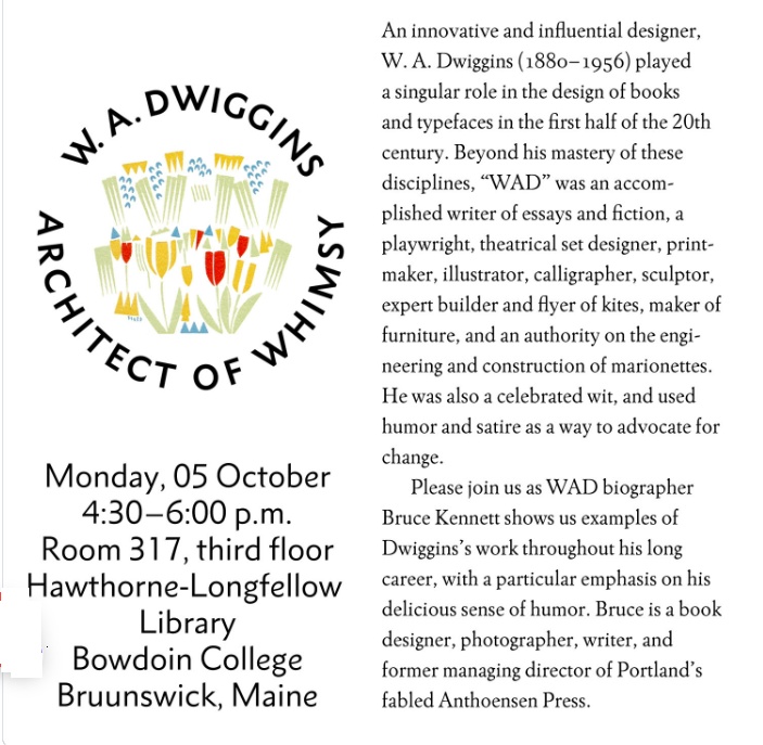 A circular emblem featuring colourful stylised flowers in the centre, surrounded by the text “W. A. Dwiggins: Architect of Whimsy.”
