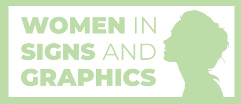A graphic with the text “Women in Signs and Graphics” on the left and a light‑green silhouette of a woman’s head and shoulders on the right, set against a white and pale green background.