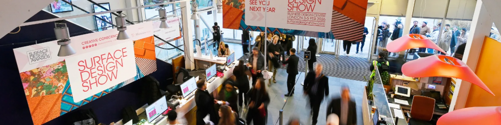 Internal photo of delegates arriving for the Surface Design Show