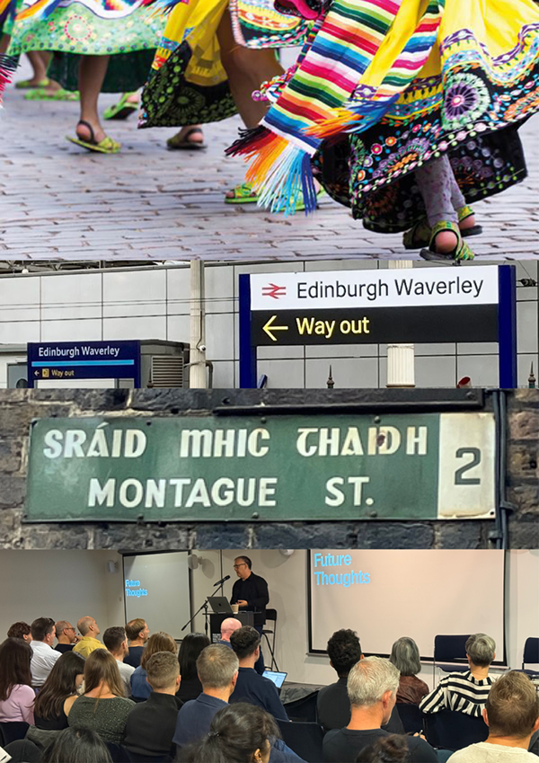 Composite image showing four hero photo slices from 2025 Sign Design Society talks (top to bottom: colourfully costumed people walking along a cobbled road; railway signage for Edinburgh Waverley Station; Dublin street signage in Irish and English; and speaker at the 2025 symposium @LDF.