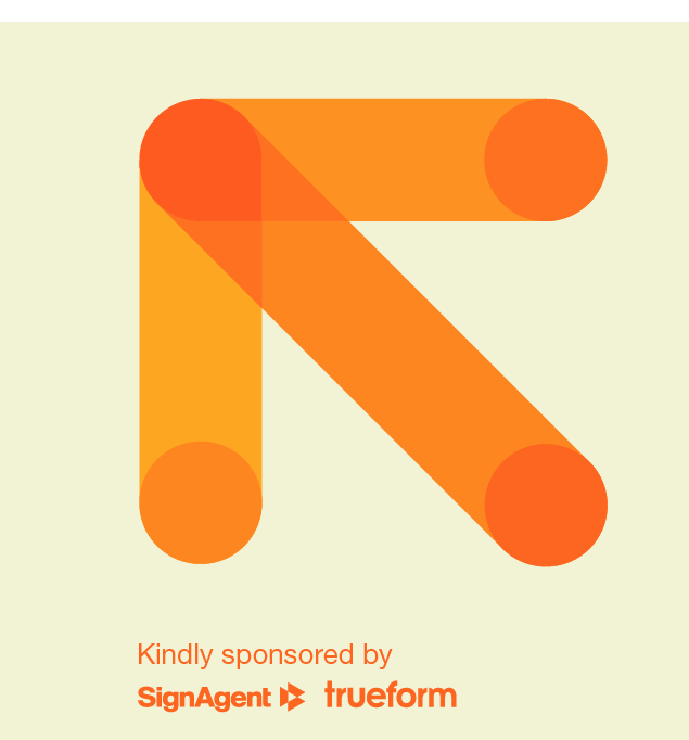 Orange arrow facing upwards and to the left (underneath SDS Awards sponsors SignAgent and Trueform are mentioned)
